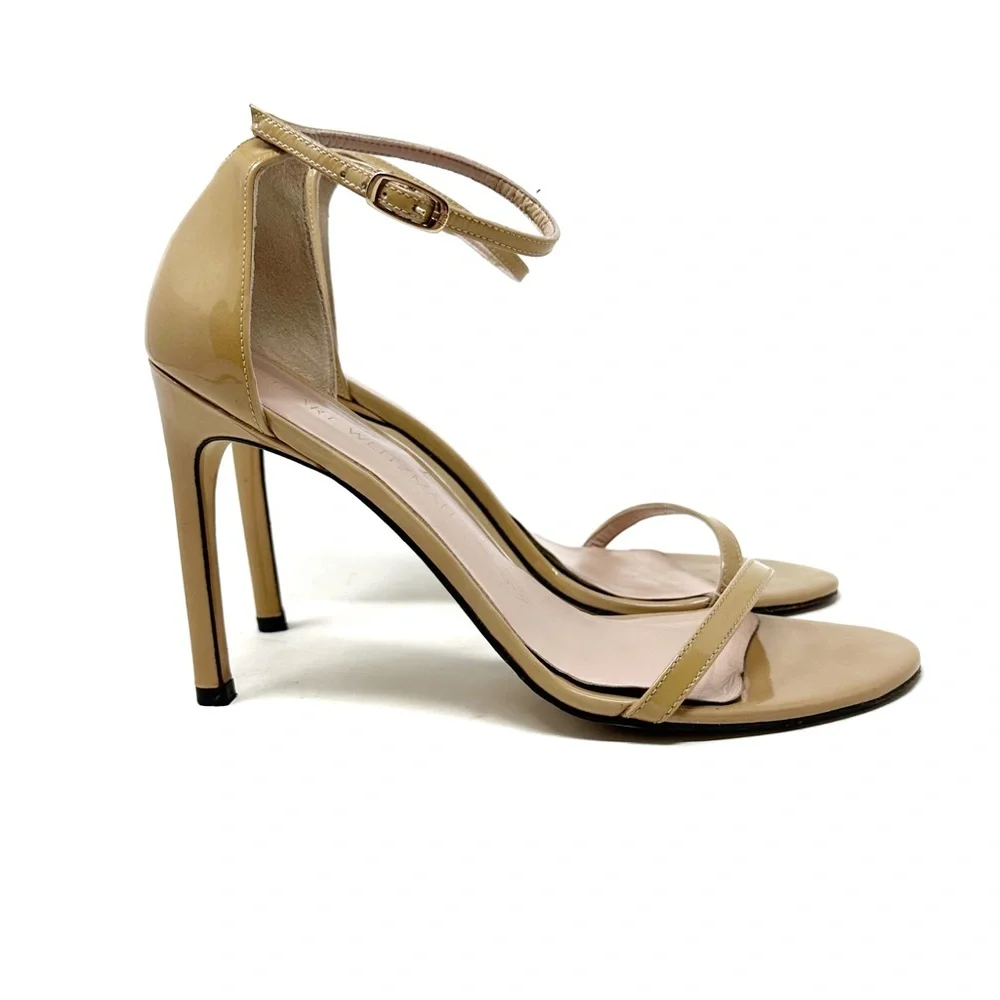 Stuart Weitzman | Nudistsong Strap Sandal‎ Patent Beige Size 9 105mm - Picture 3 of 13